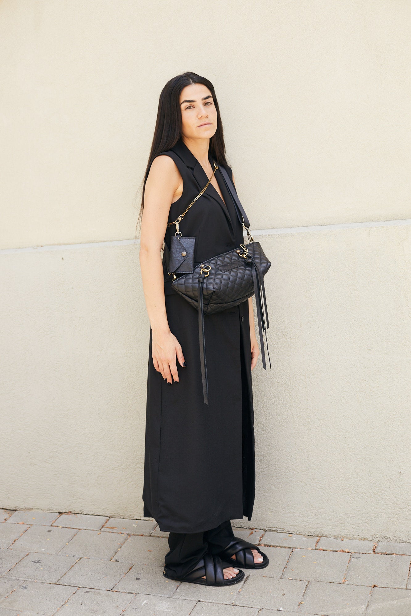 נינה | תיק צד מעור נאפה | שחור קווילט